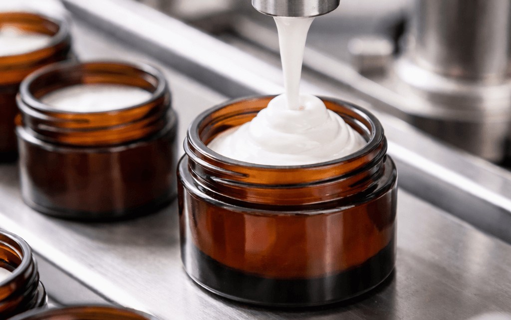Amber jars being filled with lotion